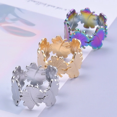 Retro Edelstahl Blatt Offener Ring Für Damen Herren Verstellbar Botanischer Feder Ring Silber Gold Mehrfarbig Modeschmuck