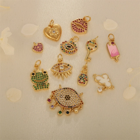 Copper Gold Plated Cubic Zirconia Charms For Jewelry Making DIY Pendants With Evil Eye Heart Lips Frog Key Pineapple Shapes