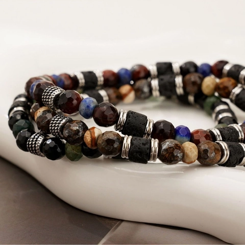 Natural Stone Beaded Bracelet Faceted Lapis Lazuli Lava Rock Stainless Steel Waterproof Jewelry For Men Minimalist