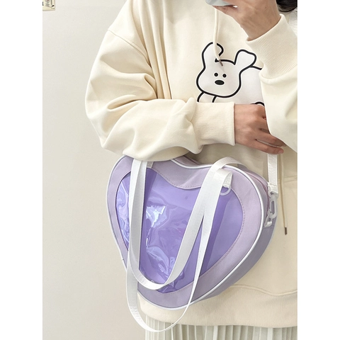Heart Shaped Ita Bag Transparent PVC Window Nylon Crossbody Shoulder Handbag For Girls Sweet JK Style Display Bag