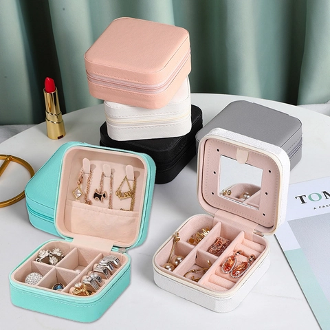 Portable PU Leather Jewelry Organizer Case Small Travel Jewelry Storage Box With Mirror Zipper Square Ring Earring Holder
