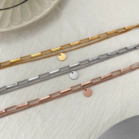 Women Fashion Double Layer Titanium Steel Bracelet With Round Disc Pendant Paperclip Chain Minimalist High End Jewelry Gift