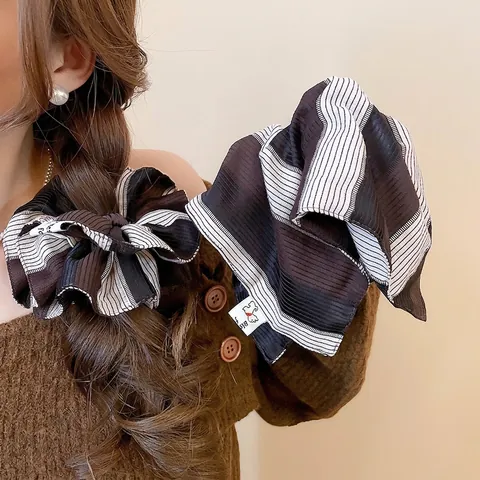 Large Fabric Scrunchie Striped Checkered Pattern Elastic Hair Tie Ponytail Holder Vintage Korean Style Women Accessories