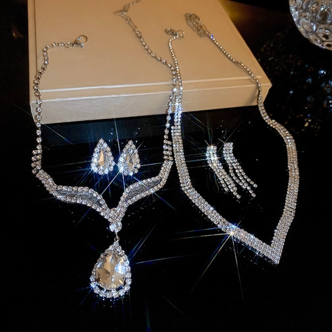 Rhinestone Teardrop Necklace And Earrings Jewelry Elegant Silver Color Bridal Party Wedding Accessories For Women