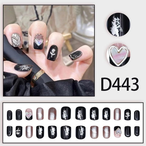 Black Mirror Press On Nails With Heart Rose Rhinestones 3D Metallic Relief Punk Gothic Short Square Round Fake Nails