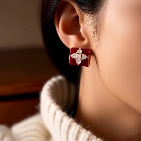 C-Shape Hoop Earrings Copper 18K Gold Plated Red Enamel Flower Zirconia With Silver Earring Post Vintage French Style Women