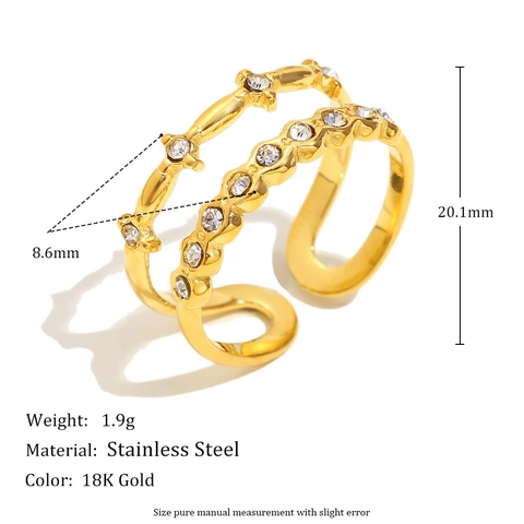 Double Layer Open Ring Stainless Steel 18K Gold Plated Geometric Zircon Adjustable Jewelry For Women