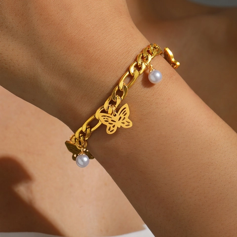 Bracciale In Acciaio Inossidabile Con Perla Artificial E Farfalla Per Donna Elegante Ciondolo Farfalla Cavo Catena Figaro Gioielli