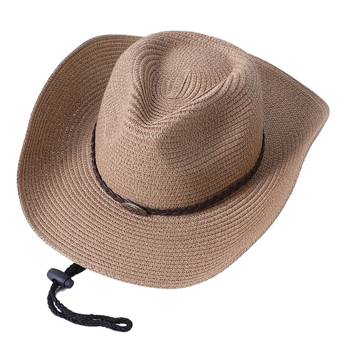 Western Cowboy Straw Hat Retro Wide Brim Sun Protection Breathable Outdoor Travel With Braided Leather Band Metal Badge