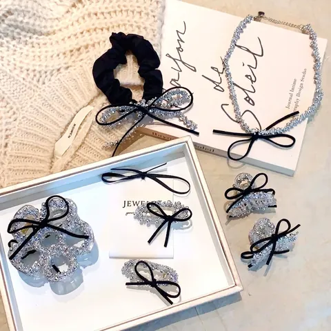 Pince À Cheveux Élégante Avec Perles Argentées Et Noeud En Velours Noir Accessoire De Coiffure Style Coréen