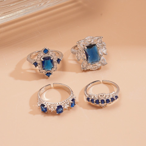 Vintage Blue Zircon Geometric Open Rings For Women Copper Adjustable Hollow Square Oval Elegant Luxury Jewelry Accessory