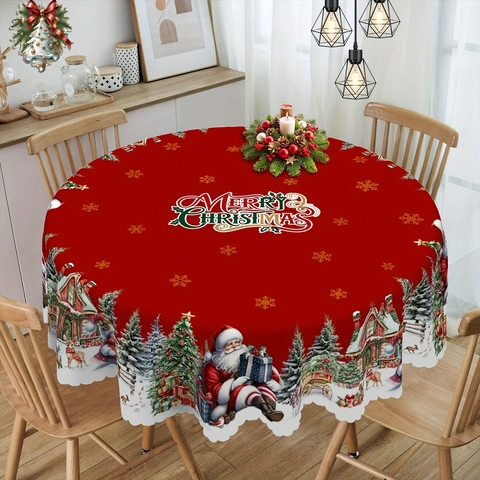 Mantel De Navidad Poliéster Decoración De Fiesta De Cena Vacaciones Papá Noel Muñeco De Nieve Copo Patrón Reutilizable Rojo