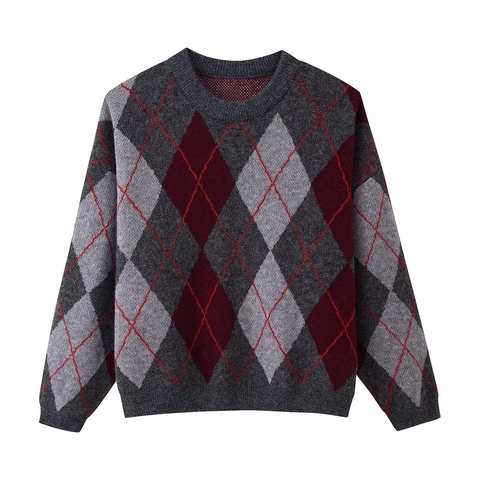 Suéter de Punto Argyle Vintage para Mujer Cuello Redondo Suelto Manga Larga Estilo Preppy Casual Otoño Invierno Jersey