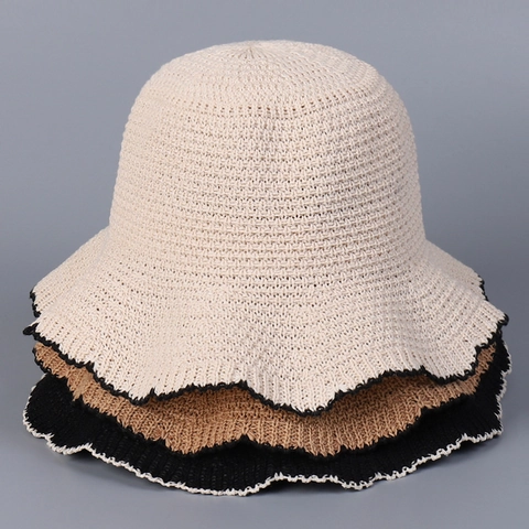 Womens Knit Bucket Hat Cotton Polyester Wavy Edge Contrasting Trim Breathable Sun Protection Foldable Summer Elegant Fisherman Cap