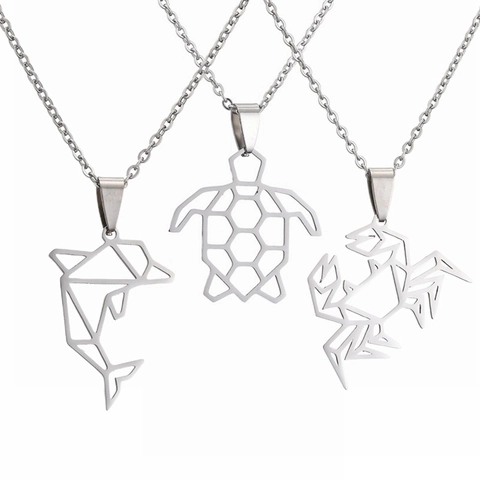 Minimalist Stainless Steel Pendant Necklace Geometric Origami Animal Turtle Dolphin Crab Frog Hollow Jewelry For Women Men