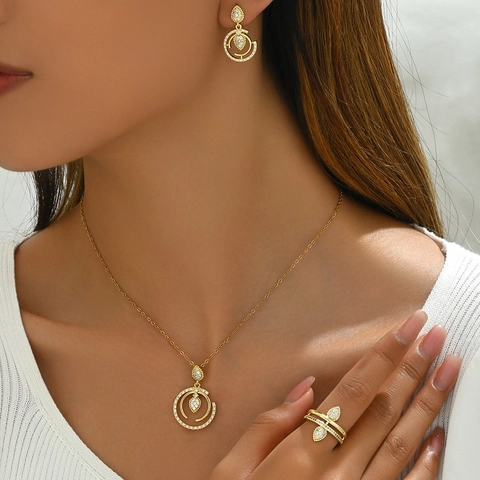 Water Drop Zircon Stacked Circle Gold Plated Stainless Steel Necklace Earrings Ring Elegant Jewelry For Women