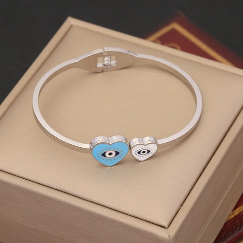Armreif Aus Edelstahl Für Damen Böser Blick Herz Stern Emaille Anhänger Personalisierter Modeschmuck Silberfarben