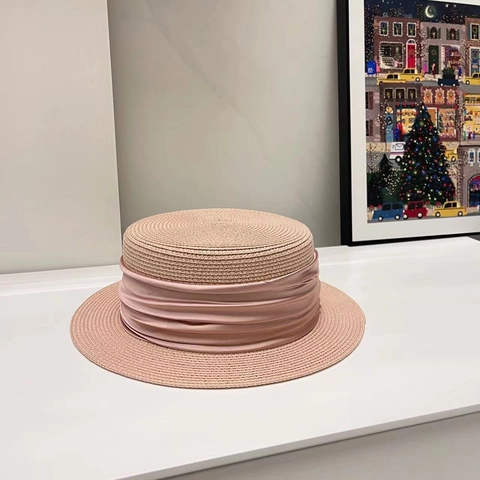 Women Boater Hat Paper Straw Flat Top Sun Hat With Pleated Satin Ribbon French Retro Elegant Summer Beach Travel