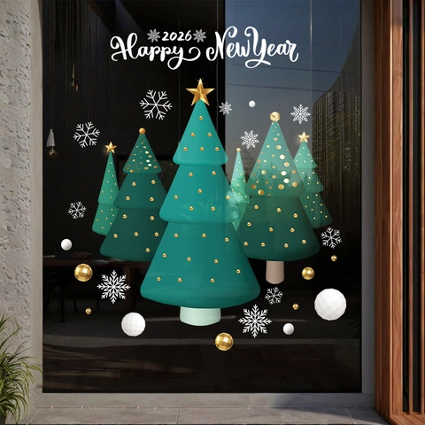 Christmas Tree Window Clings 2026 Happy New Year PVC Static Adsorption Sticker No Glue Double Sided Glass Decoration
