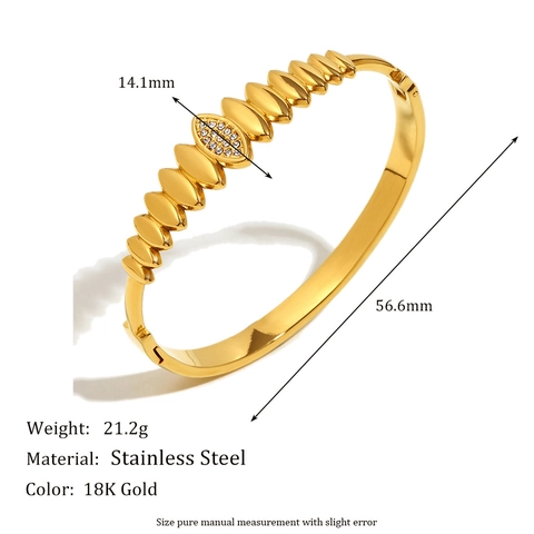 Stainless Steel Bangle Bracelet 18K Gold Plated Geometric Teardrop Arrangement Hinged Clasp With Zircon For Women