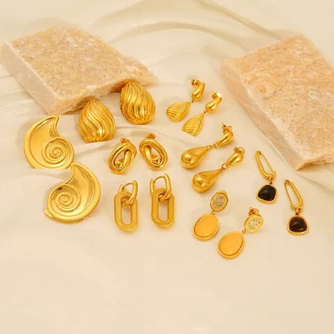 18K Gold Plated Stainless Steel Earrings Geometric Water Drop Twist Textured Non-fading Retro Elegant For Women
