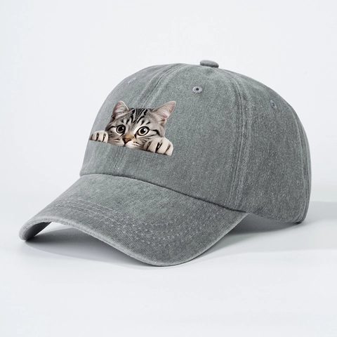 Gewassen Katoen Baseballpet Grappige Gluurende Kat Print Retro Buiten Zonnehoed Voor Heren Vrouwen Verstelbaar Casual