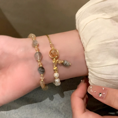 Pulsera De Varias Capas Con Perlas Artificiales De Imitación Aleación Cristal Y Piedra Ágata Elegante Minimalista Para Mujer
