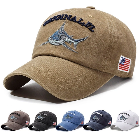 Casquette De Baseball En Coton Lavé Vintage Broderie Requin Patch Drapeau Américain Rétro Ajustable Chapeau Hommes Femmes