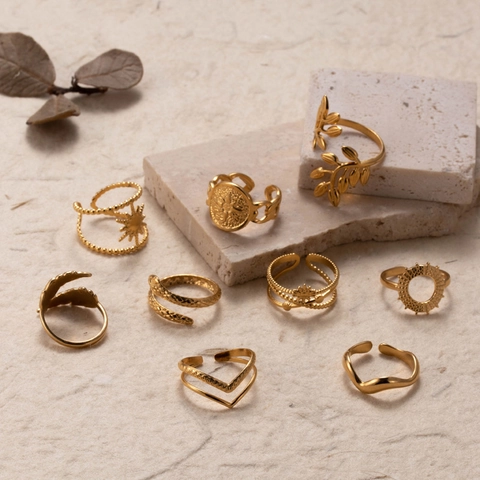 Stainless Steel Open Adjustable Ring Gold Plated Starburst Snake Leaf Geometric Minimalist Fashion Jewelry For Women