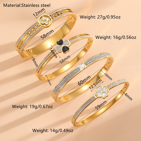 Bracciale Rigido Quadrifoglio Cuore Acciaio Inossidabile Placcato Oro Strass Conchiglia Gioielli Da Donna Elegante