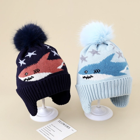 Kids Knit Beanie Acrylic Fleece Lined Winter Ear Protection Shark Pattern Cartoon Warm Hat With Soft Pom Pom