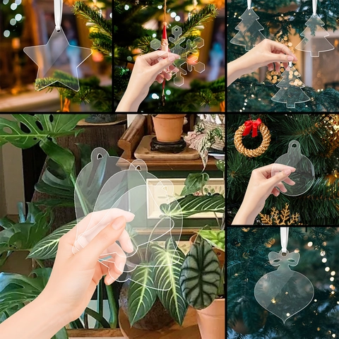 Ornamenti Natalizi In Acrilico Trasparente DIY Grezzi Fiocco Di Neve Stella Campana Albero Forme Con Nastro Decorazione