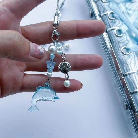 Summer Clear Light Blue Dolphin Beaded Phone Chain With Shell Star Pendant Artificial Pearl Phone Charm For Women Girls