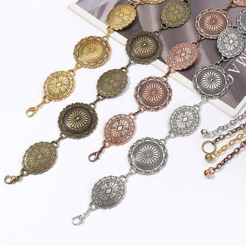 Vintage Bohemian Metal Chain Belt For Women Engraved Sun Flower Concho Adjustable Waist Chain Fashion Accessories