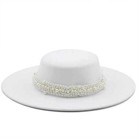 Sombrero Boater Elegante Estilo Francés Para Mujer De Fieltro De Lana Copa Plana Ala Ancha Con Cadena De Perlas Artificiales Vintage