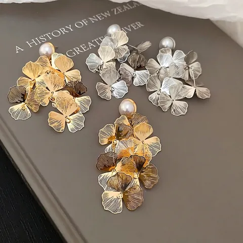 Pendientes Colgantes Elegantes Hoja De Ginkgo Con Perla Artificial De Imitación Y Poste De Plata Joyería Borla Flor Para Mujer