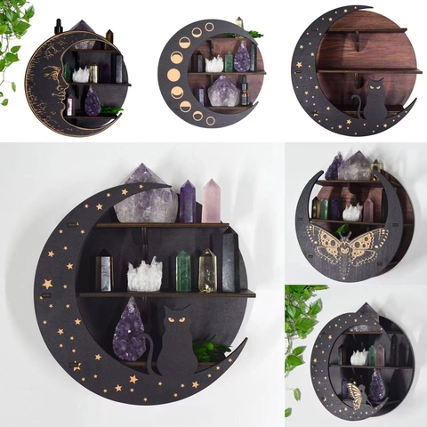 Wooden Moon Wall Shelf Crystal Display Rack Bohemian Moon Phase Cat Wolf Moth Pattern Storage Holder Home Decor