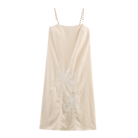 Abito Lungo Spalline Perline Di Legno Ricamo Palme Senza Maniche Raso Vacanza Bohemien Estate Per Donna