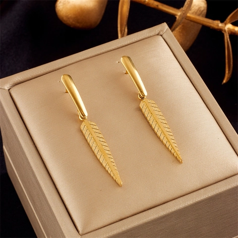 Blatt Feder Tropfenohrringe Titanstahl Mit Edelstahl Ohrstecker Nischen Minimalistischer Modeschmuck Für Frauen