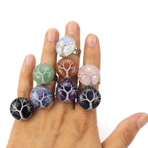 Handmade Tree Of Life Adjustable Open Ring Copper Wire Wrapped Natural Stone Amethyst Rose Quartz Boho Jewelry For Women