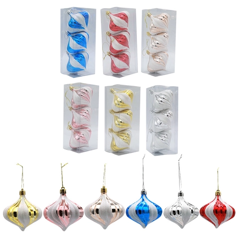 Christmas Onion Shaped Ball Ornaments Plastic Metallic Glitter Striped Hanging Baubles Holiday Tree Decoration Home Party