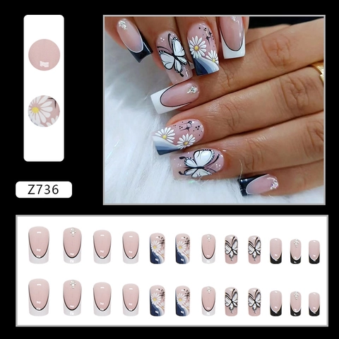 Butterfly Daisy Press On Nails French Black White Nude Gradient Artificial Fake Nail Tips Rhinestone Square Oval For Women