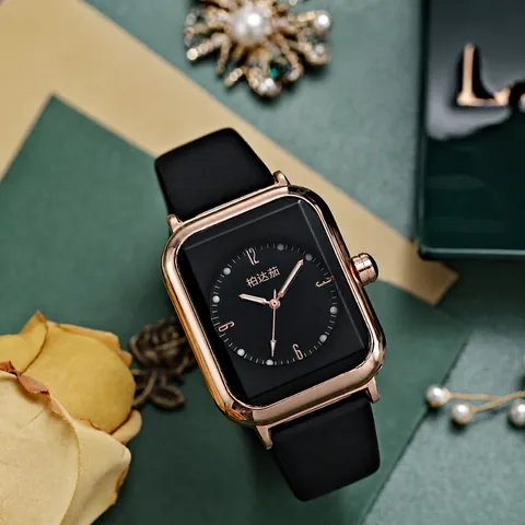 Women's Fashion Square Quartz Watch Rose Gold Case Silicone Strap Luminous Pointer Minimalist Lady Wristwatch