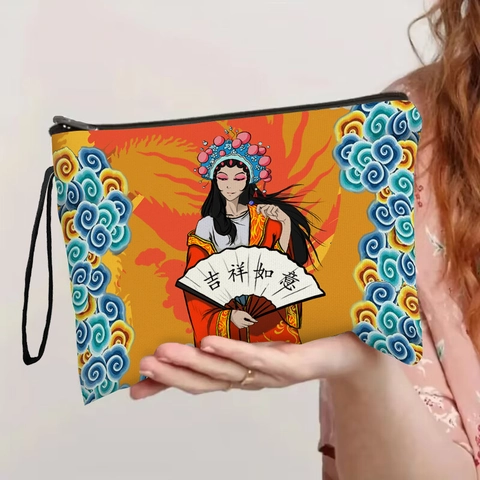 Peking Oper Mädchen Print Kosmetiktasche Polyester Leinen Reißverschluss Kulturbeutel Mit Handschlaufe Tragbare Reisetasche