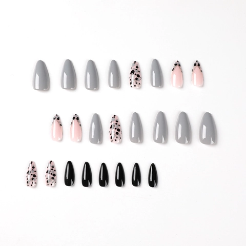 Faux Ongles Amande Gris Rose Noir Motif Léopard Style Français Lignes Dorées Pois Manucure Pour Femmes