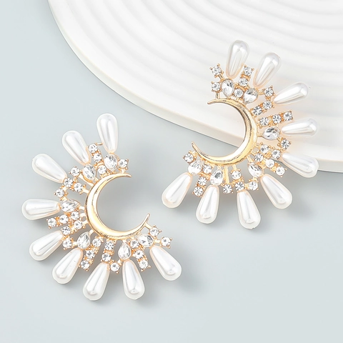 Crescent Flower Earrings Alloy Rhinestone Faux Artificial Pearl Water Drop Shiny Party Jewelry Vintage Fashion For Women Gift