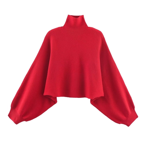 Dames Rode Coltrui Gebreid Vleermuismouwen Kort Model Casual Elegant Effen Kleur