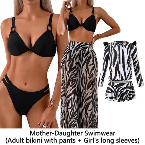 Top Y Braguita De Bikini Con Pantalón De Malla Bañador A Juego Mamá Y Yo Estampado Cebra Volantes Manga Larga