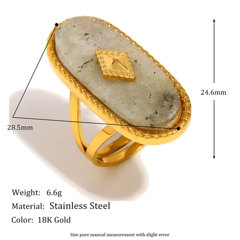 Anillo Vintage Bohemio De Piedra Natural Ovalada Acero Inoxidable Chapado En Oro 18K Borde Perlado Abierto Ajustable Mujer