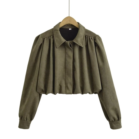 Damenjacke Aus Wildlederimitat Olivgrün Revers Lange Verpuffte Ärmel Kurzer Lockerer Mantel Mit Faltenumsaum Elegant